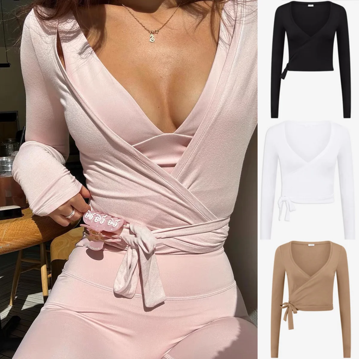 

Women Yoga Wrap Tie Tops Y2k Solid Long Sleeve Slim Fit Crop Tops dance Workout Yoga crop top T-Shirts Sports cover-up gym top