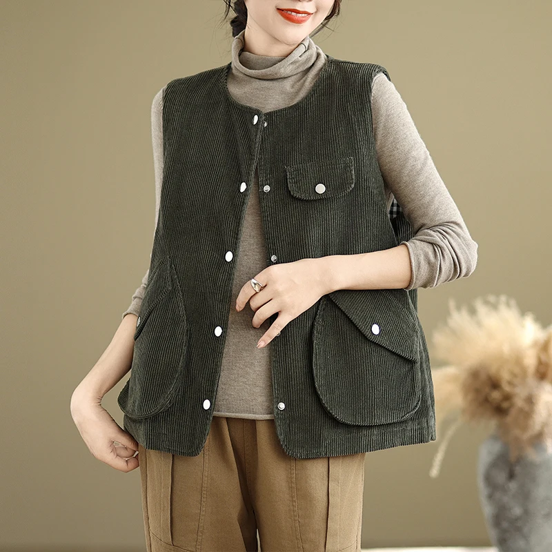 Gilet rétro en velours côtelé de coton pour femmes, ample, polyvalent, Patchwork, grand ket rond Ne Jaet, tendance, printemps automne
