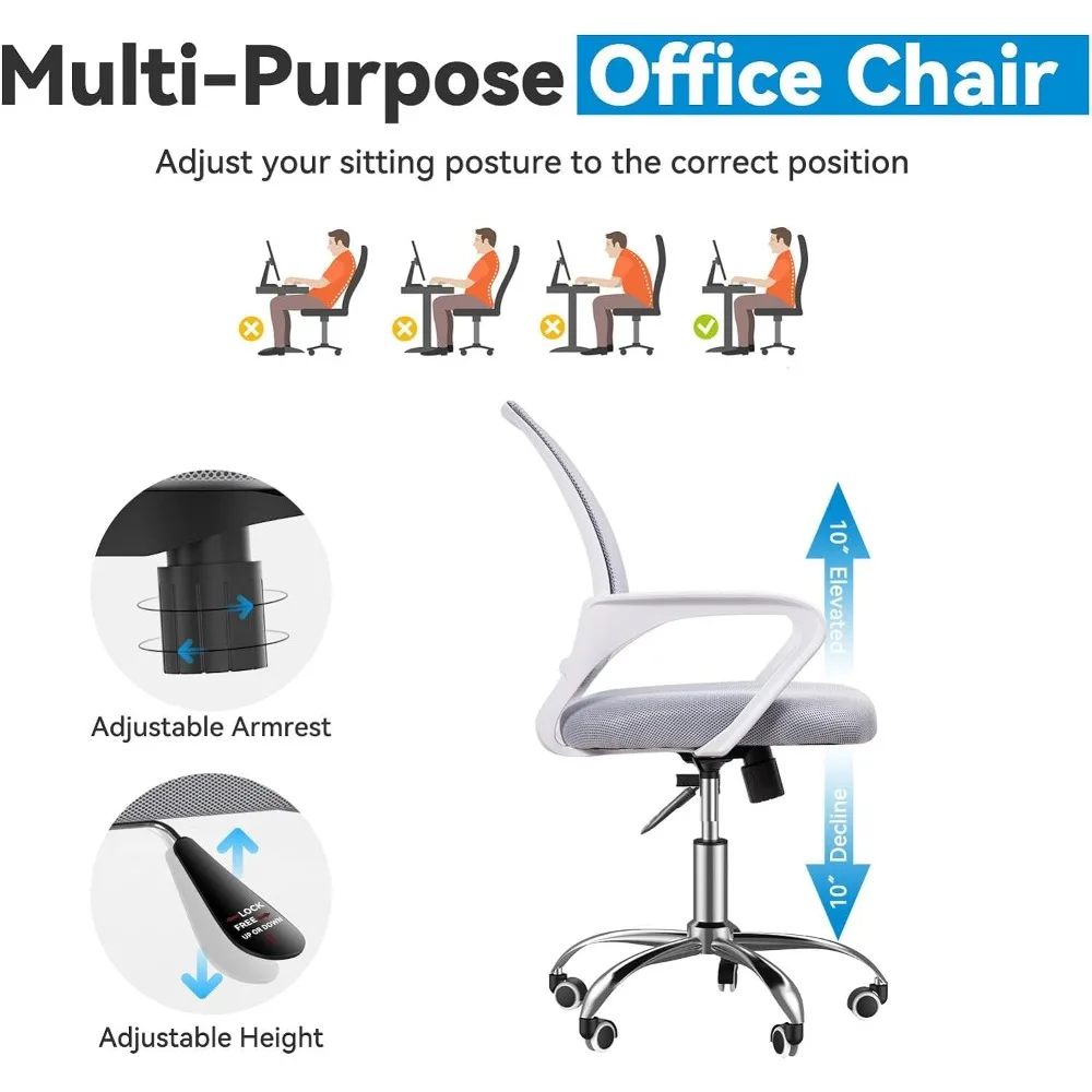 Mesh Office Desk Chair com altura ajustável e giratória, meados de costas com braços flip-up e suporte de madeira, altura média, cinza