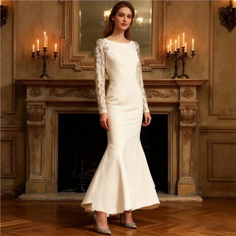 فستان جديد أنيق وأنيق برقبة واحدة وأكمام طويلة ومرصع بالألماس #2