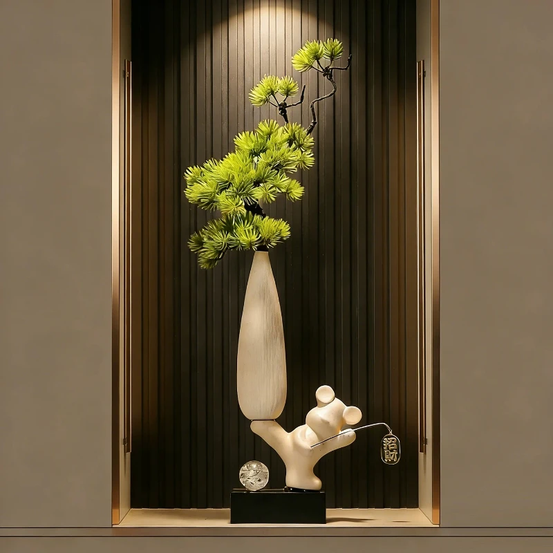 Lucky Bear Ceramic Tall Slender Vase, New Chinese Ornament for Entryway, Welcome Pine Decor for Living  Elegant Tabletop Display
