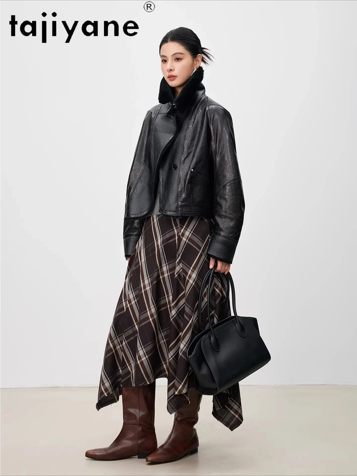 TAJIYANE シープスキン グースダウンコート ショート バイク用 本革ジャケット ウールカラー パファージャケット 2025 冬服 дубленка