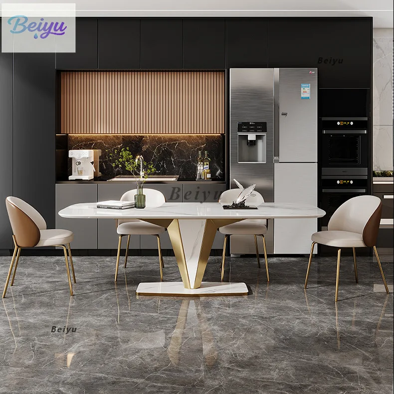 

Italian minimalist small apartment light luxury bright rock slab dining table modern marble combination table household rectangu