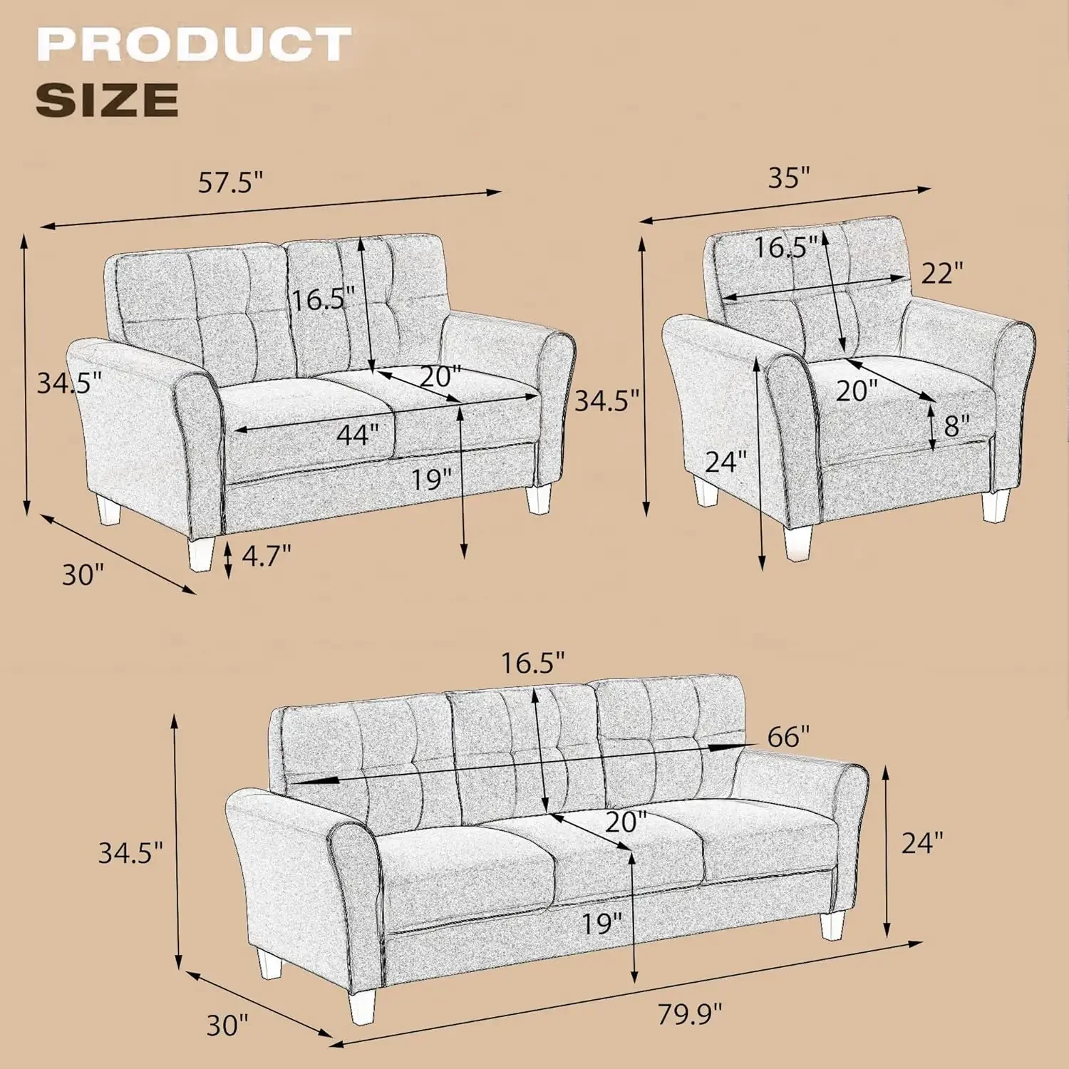 3-Piece Living Room Sectional Sofa Set, Modern Style Button Tufted Linen Upholstered Armchair Loveseat Sofa and Three Seat Sofa