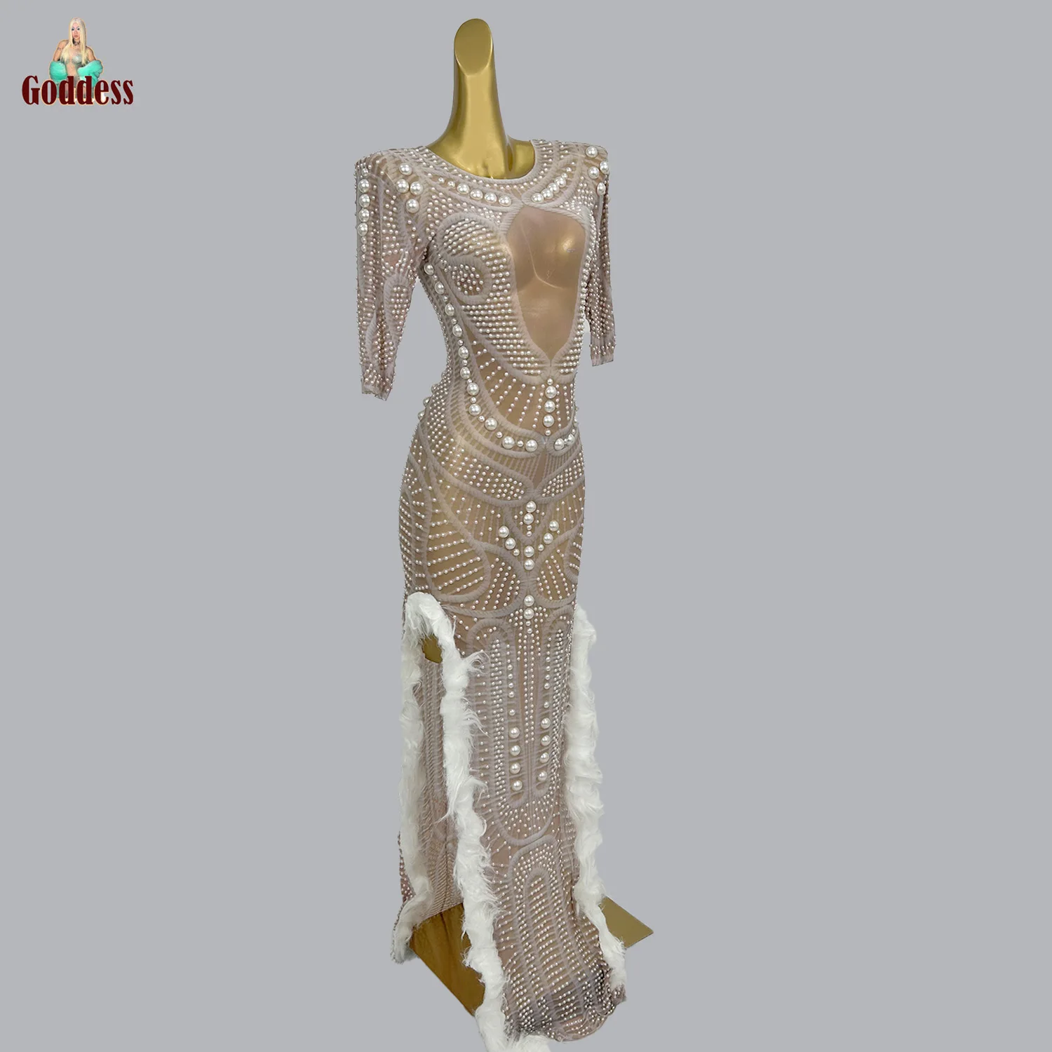 Robe longue en maille transparente pour femmes, perles blanches scintillantes, Sexy, fente latérale haute, vêtements de soirée, de Club, Costumes de bal sur scène