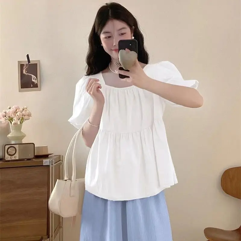 

Summer New Loose Fresh and Small Square Collar Short-sleeved Blouse with Sweet Temperament Fashion Bubble Sleeves and Pleats