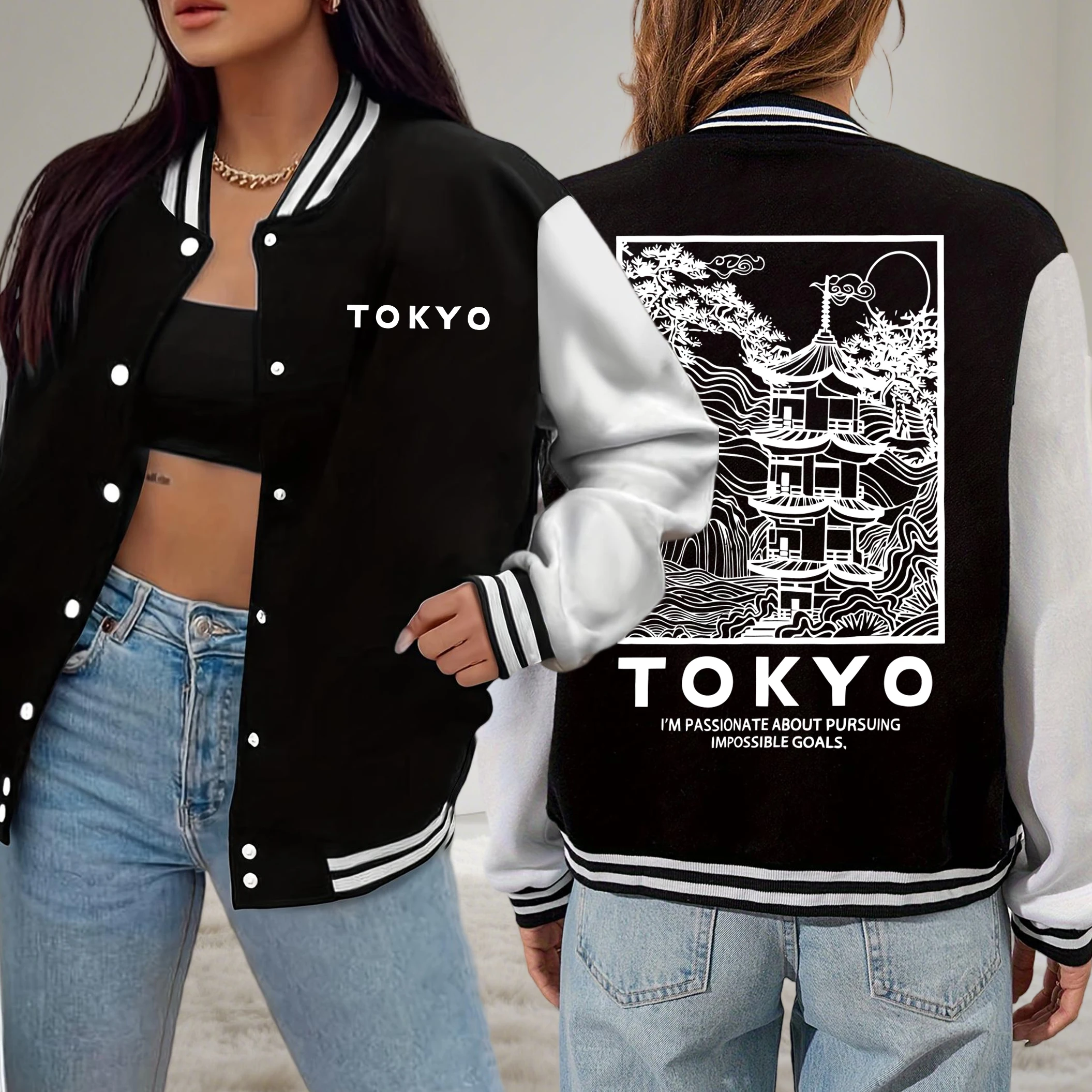 

Tokyo Creative Building Cherry Blossom Letter Printing Jackets Women Fashion Hip Hop Loose Baseball Uniform Street Clothes