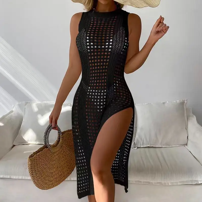 2026 New Summer Vacation Sexy Solid Color Round Neck Sleeveless Knitted Dress Beach Sunscreen Cover