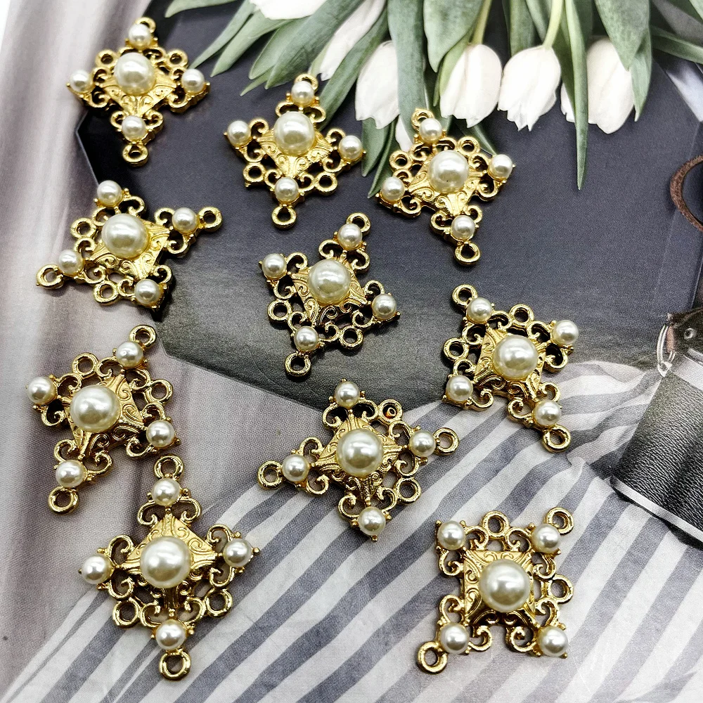 10Pcs Alloy Pearl Gold Pendant Decorative Button Flatback Ornaments Jewelry Earrings Choker Hair Clothing DIY Crafts Accessories