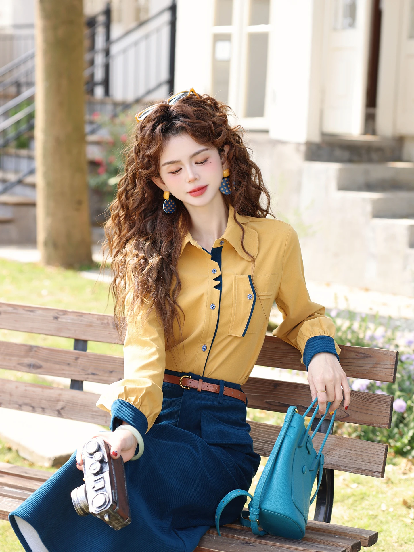 

Женская утепленная блузка Chen Jiajie Honey Wax Letter Spring с длинным рукавом, в стиле пэчворк, универсальный топ в винтажном стиле, свободный крой, полиэстер