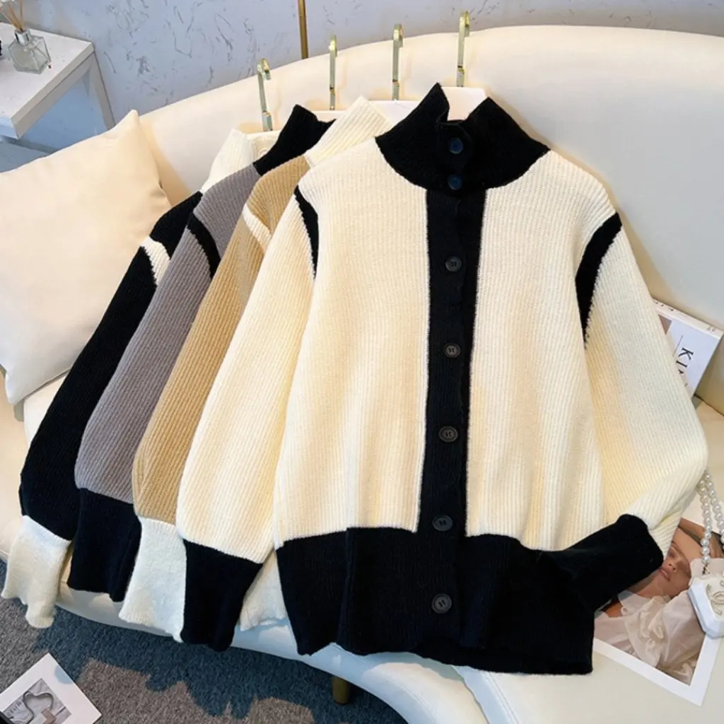 

Lazy Fengchun Hong Kong Style Chic Contrast Color Knitwear Cardigan Sweater Top Women's Niche Fashion