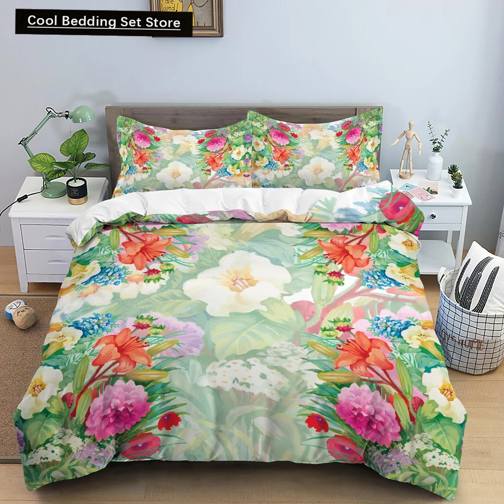 

Floral King Queen Duvet Cover Fuchsia White Flower Bedding Set for Girl Women Colorful Plant Leaves 2/3pcs Polyester Quilt Cover