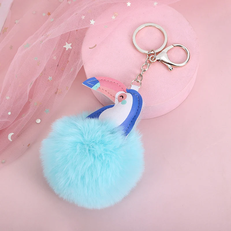Fluffy Rabbit Fur Ball Pompom Toucans Keychain For Women Plush Leather Bird On Bag Car Trinket Wedding Party Girl