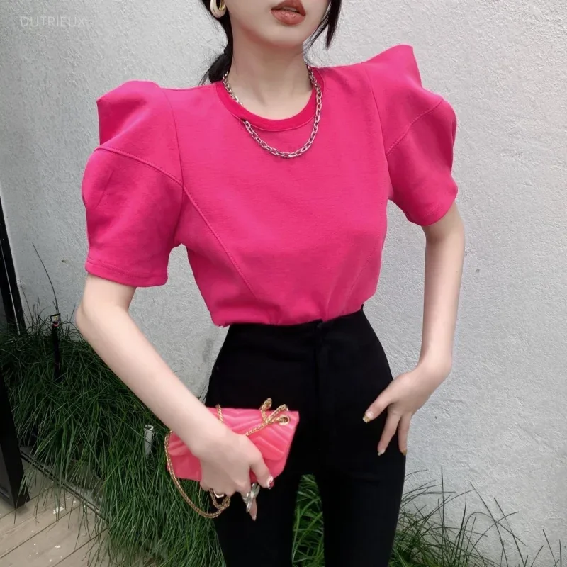 Loose Right Shoulder Tee Chain O Neck Puff Short Sleeve Crop Tops Solid Color Blouse White Oversized T Shirt Cotton New Wild