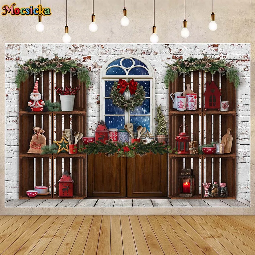 

Mocsicka Christmas Backdrop Cupboard White Brick Wall Kitchen Family Cooking Party Decor Kids Portrait Background Photocall Prop