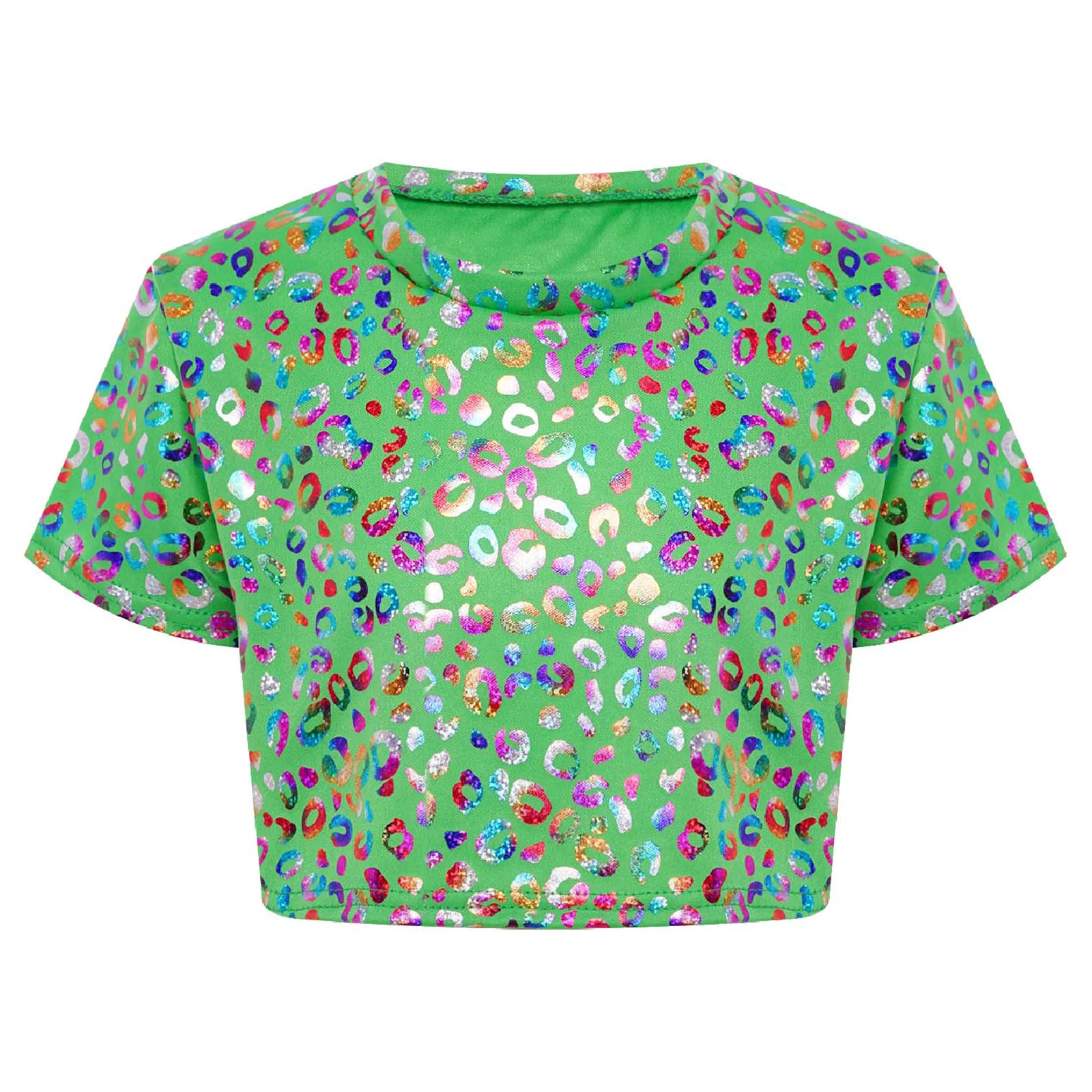 Kids Girls T-shirt Cheerleading Dance Crop Top Leopard Printed Metallic Round Neck Short Sleeve Shirts Dance Performance Costume