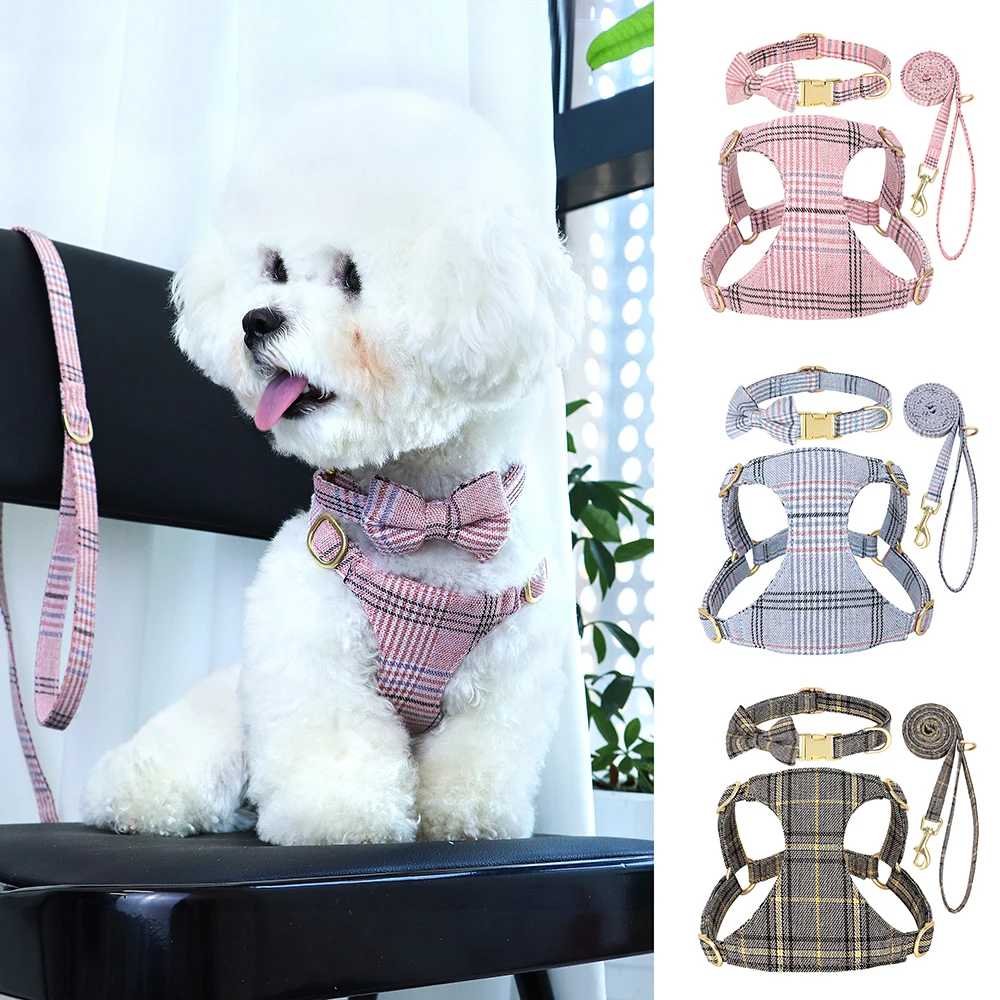 

Classic Plaid Cute Dog Collar Harness Leash Set Adjustable Chihuahua Puppy Cat Harnesses Vest for Small Medium Dogs Cats Walking