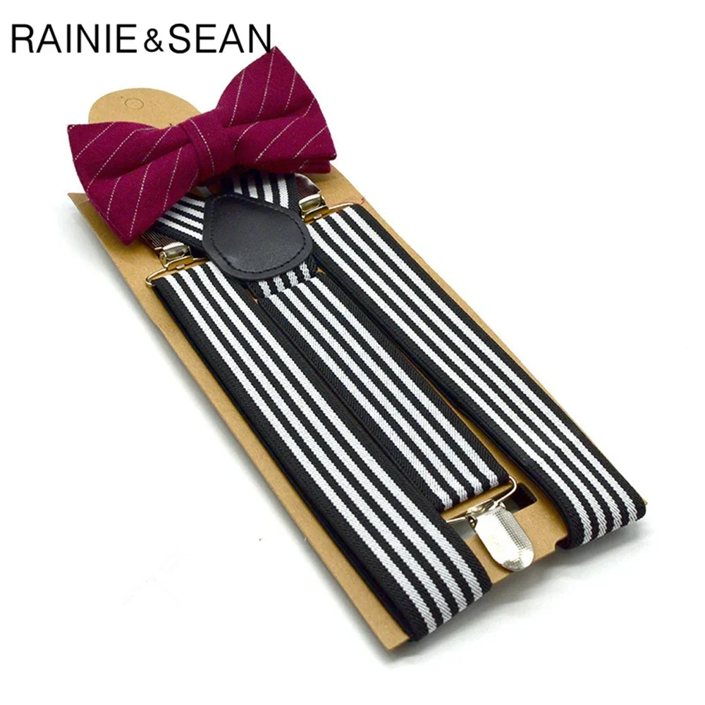 RAINIE SEAN Suspenders Men Gray Striped Mens Suspenders Bow tie Braces for Trousers Fashion Suspender for Pants 100cm Elastic