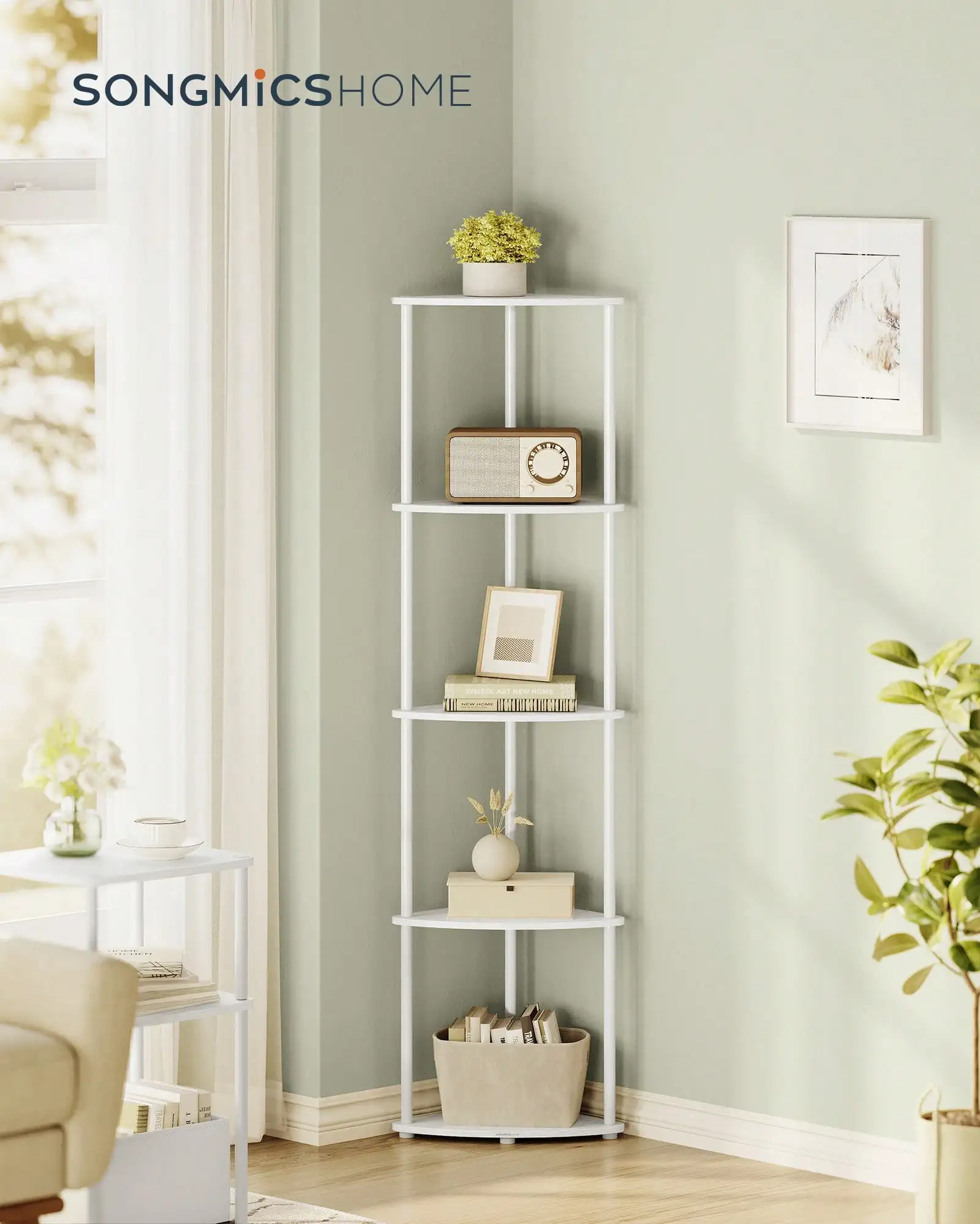 SONGMICS Superfast Toolless Assembly, Corner Shelf, 5-Tier Corner Standing Shelf, Corner Shelf Stand, Living Room, Bedroom, Kitchen, 15 X 10.6 X 54.7 Inches