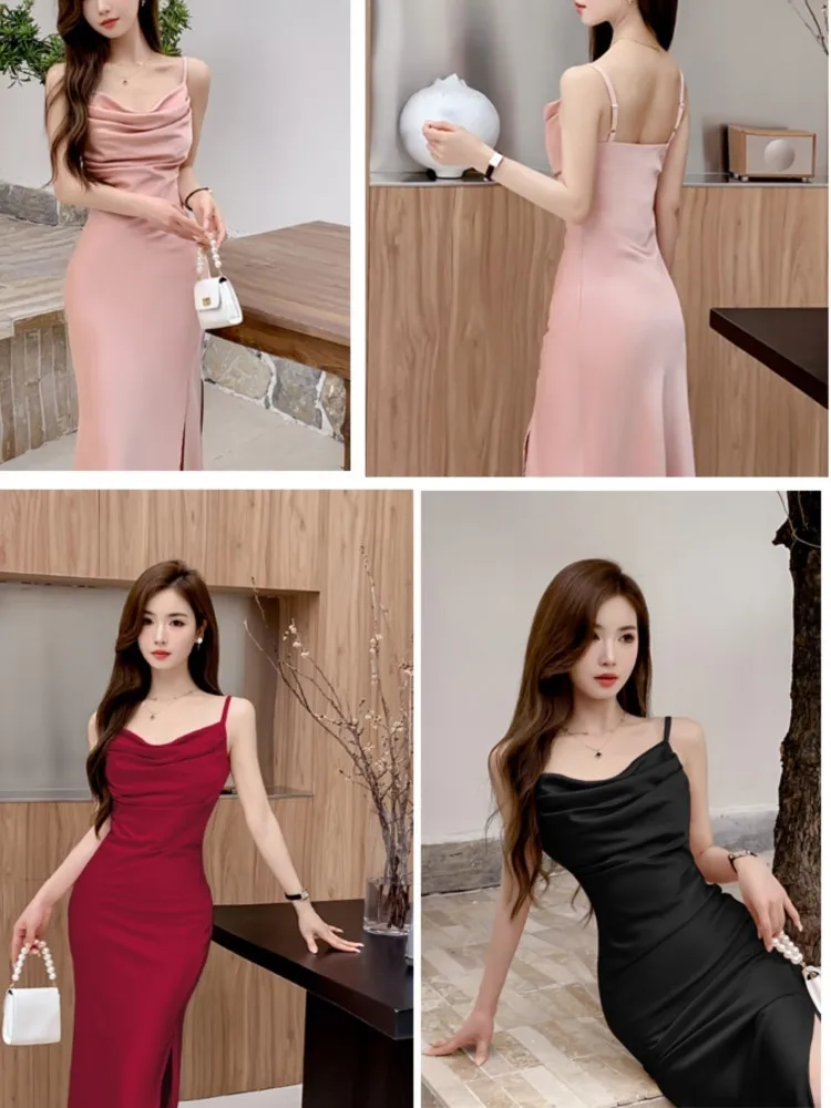 Women Elegant Satin Spaghetti Strap Sexy Dresses Summer Fashion Sleeveless Slim Slit Midi Dress Female Party Prom Vestidos Mujer