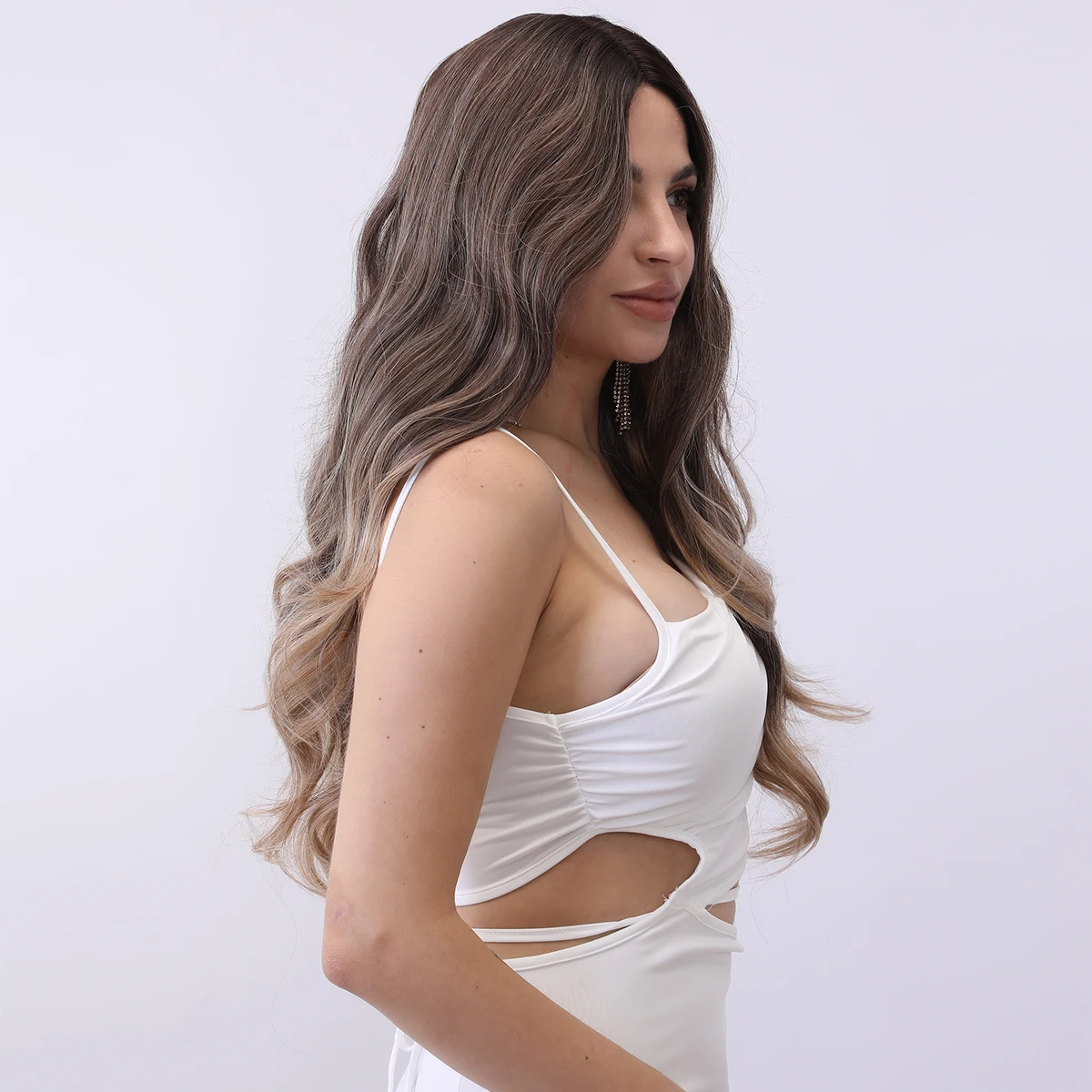 Smilco-Perruque Lace Front Wig synthétique bouclée, cheveux longs, brun ombré, 13x5, 28 pouces, pour femmes