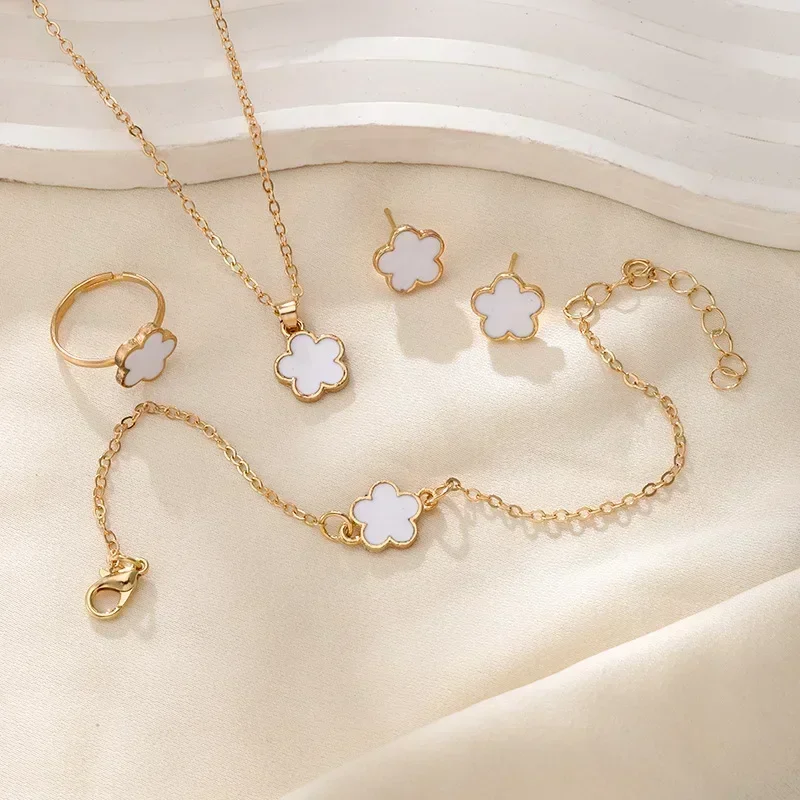 Lucky Five-petal Flower Clover Earrings Necklace Ring Bracelet Four-piece Set for Woman Fashionable Accessories Party Jewelry