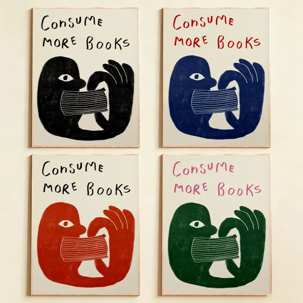 Consume More Books HD Wall Art Poster Retro Book Illustration Reading Print Literature Art Book Lovers Gift Bedroom Home Decor