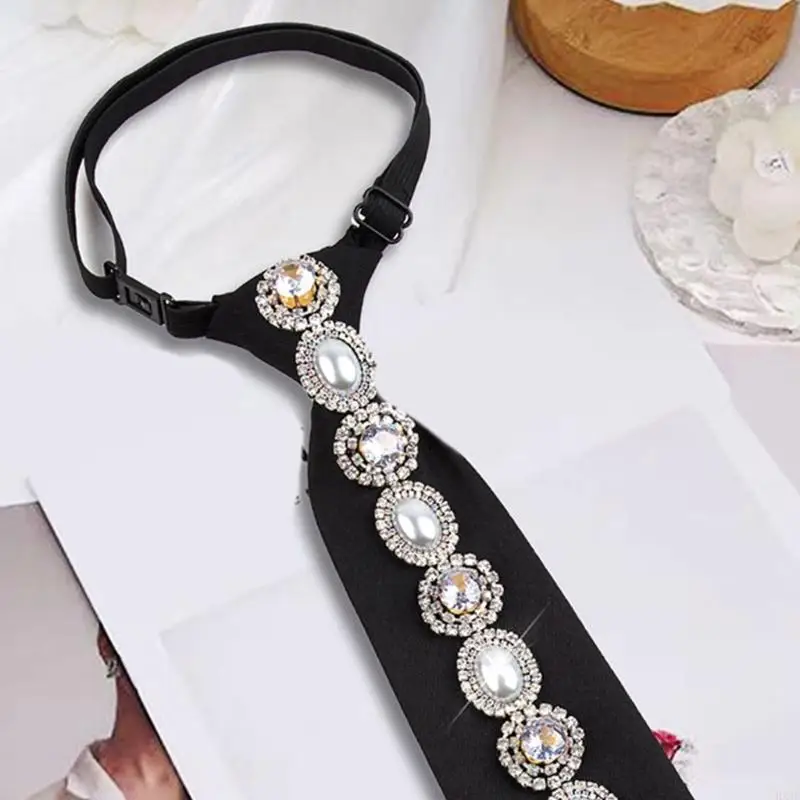 HX6F Women's Stylish Black Necktie Crystal Pearls Adornments Pre Tied Adjustable Tie