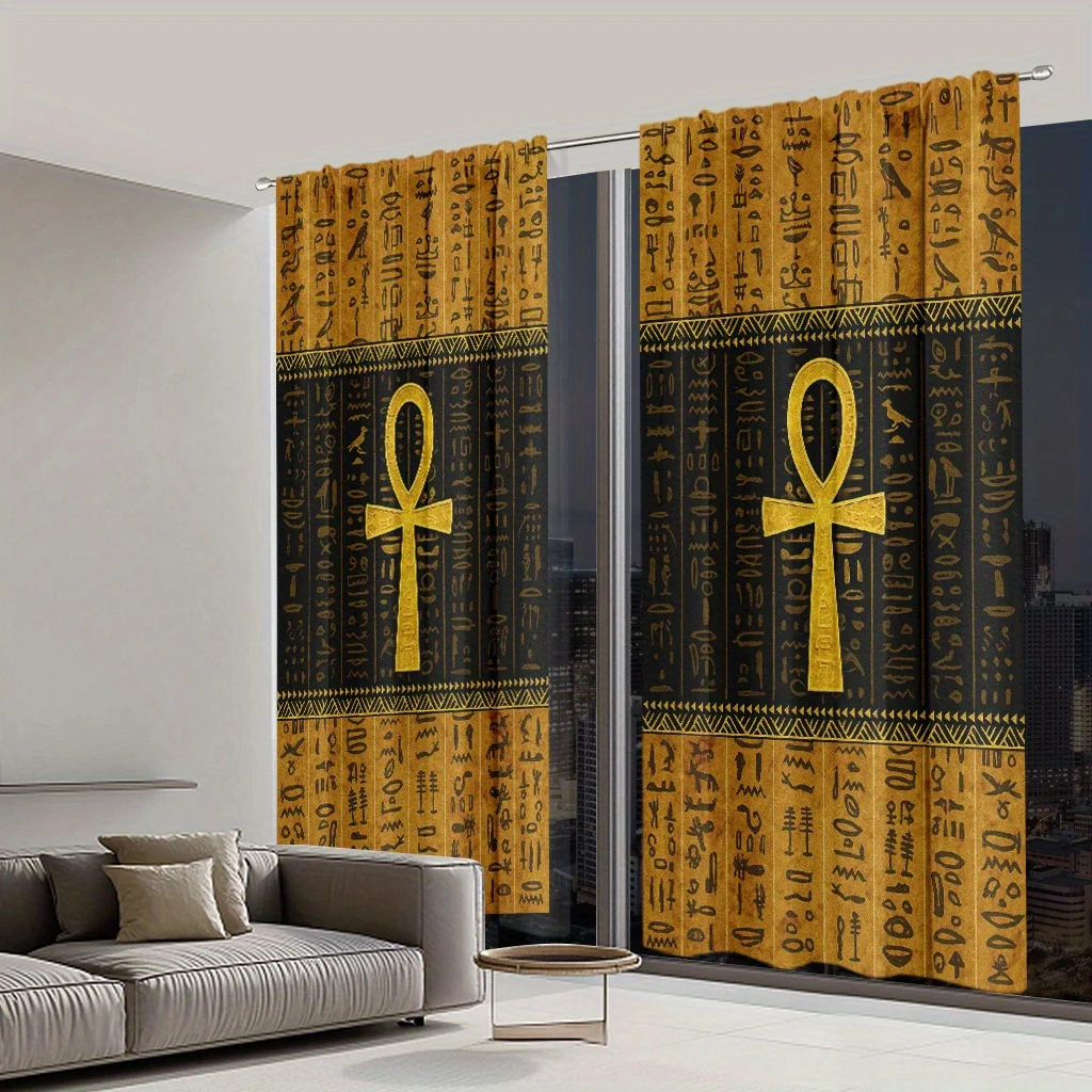 Egyptian Pharaoh Temple Style Curtains Black Gold Hieroglyphic Pattern Living Room Window Drapes