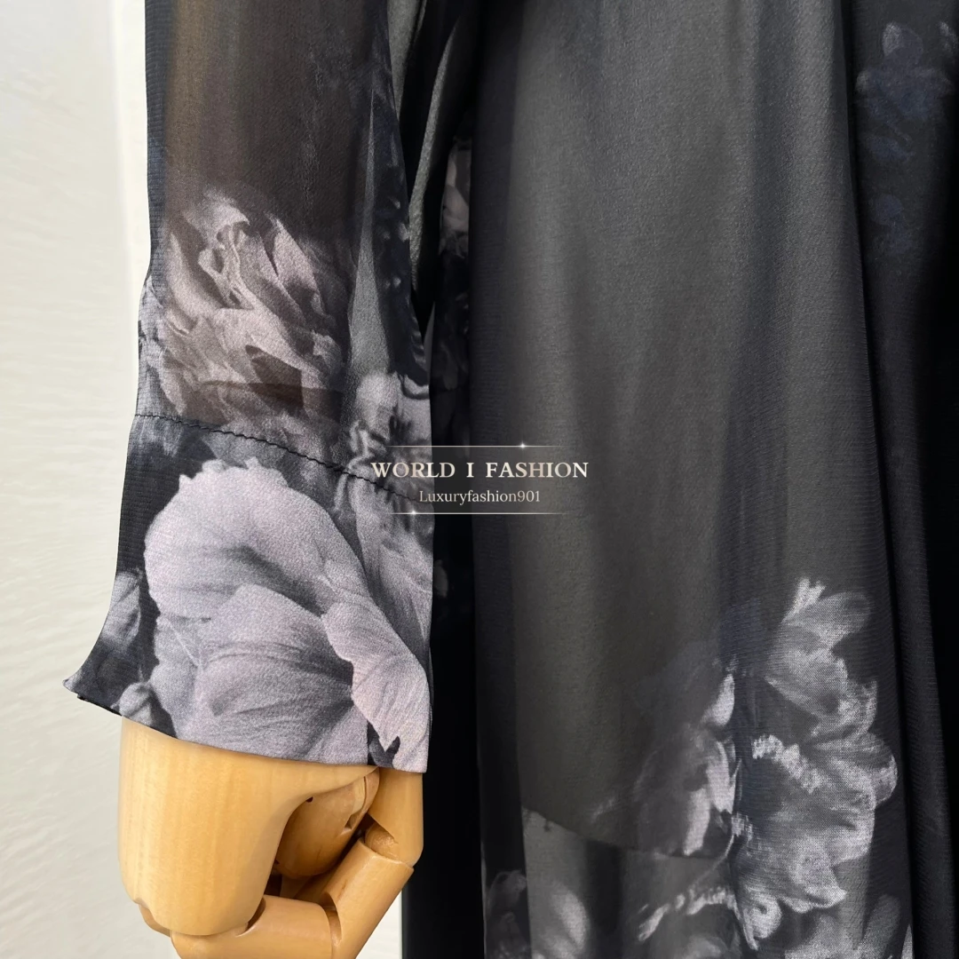 Floral Print Long Sleeve Maxi Dress 2025 New Fashion Black Ink