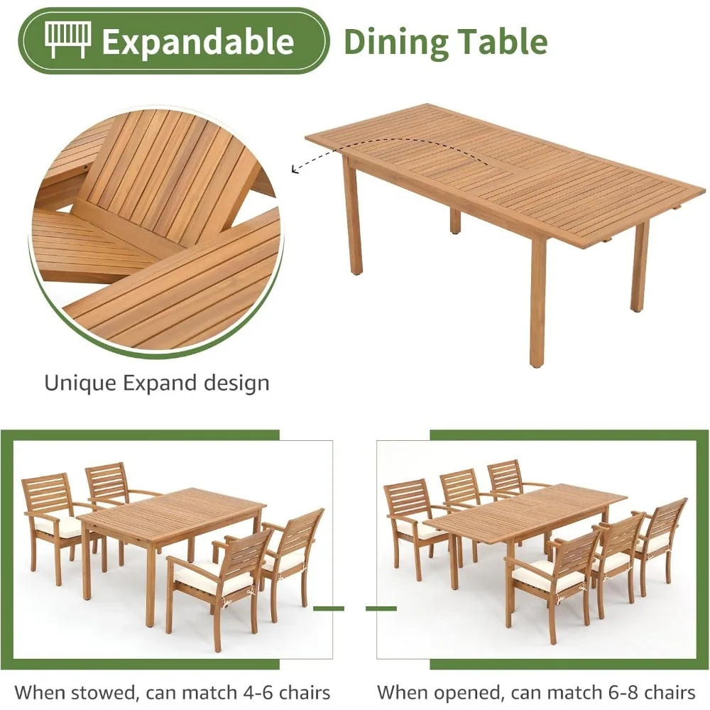 Ensemble de salle à manger en bois d'acacia, table rectangulaire extensible, 6 chaises empilables, meubles d'extérieur, 7 pièces