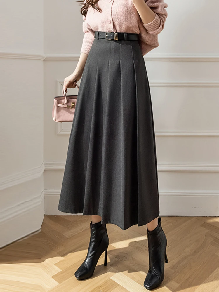 Winter Woolen Long Pleated Skirt Fashion Korean High Waist A-line Office Maxi Skirts Female Belt Brown Black Grey Falda Plisada