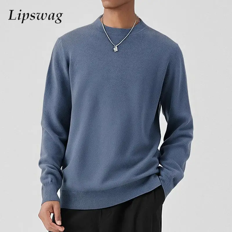 

Осень 2024, модные мужские вязаные футболки, повседневные дышащие однотонные вязаные футболки для отдыха, мужская одежда, вязаные топы с длинными рукавами