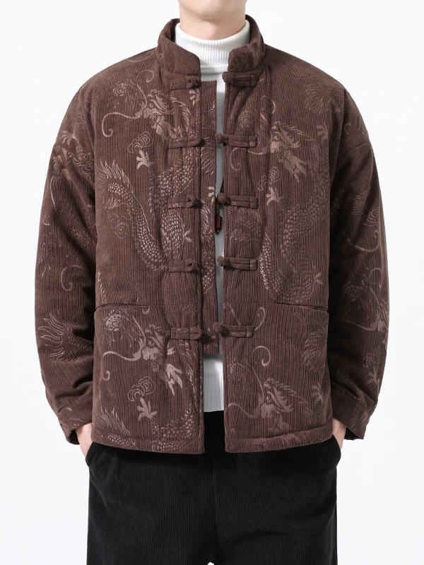 

Men's Winter Thiened Cotton Padded Jaet Loose Fit Dragon Pattern Traditional Chinese Sle New Year's Outerwear Coat