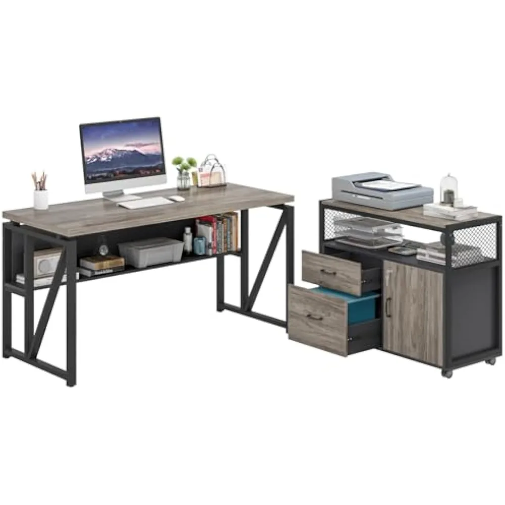 Office Desk with Drawers,55 inches L Shaped Computer Desk with Storage Shelves and Mobile File Cabinet, Executive Desk