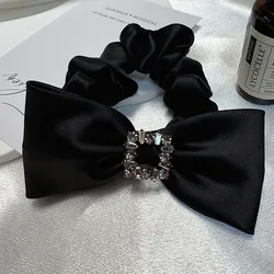 Black Bow Hair Ties for Girls and Women Satin Silk Scrunchies With Rhinestones Elastic Hairbands Headwear Hair Accessories