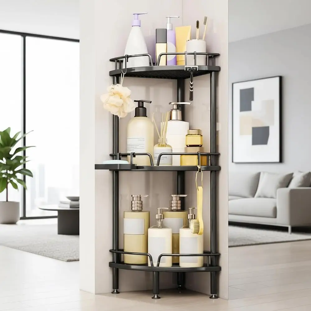

Трехуровневая напольная полка-органайзер для душа с держателем для мыла, регулируемыми ножками и 4 крючками, черная, для ванной комнаты