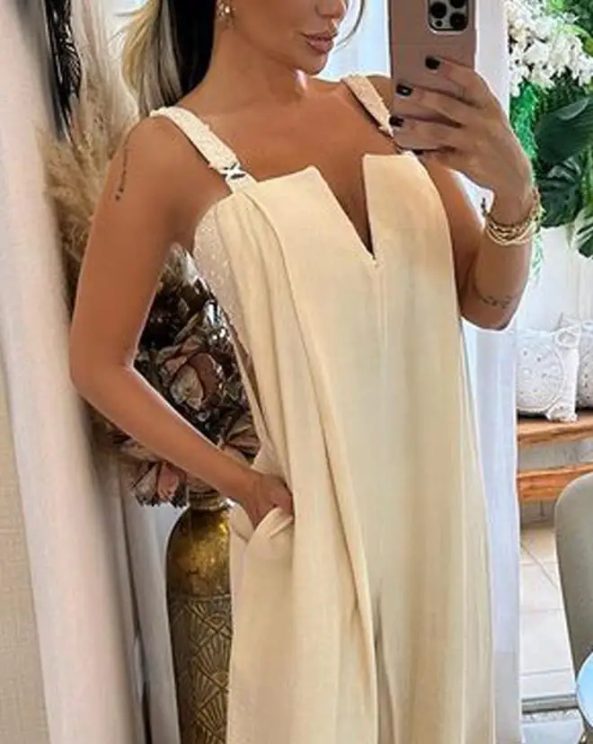 Women's Casual Thick Strap Jumpsuits Summer Daily Female Clothing New Fashion Pocket Design Wide Leg Asymmetrical Neck Jumpsuit