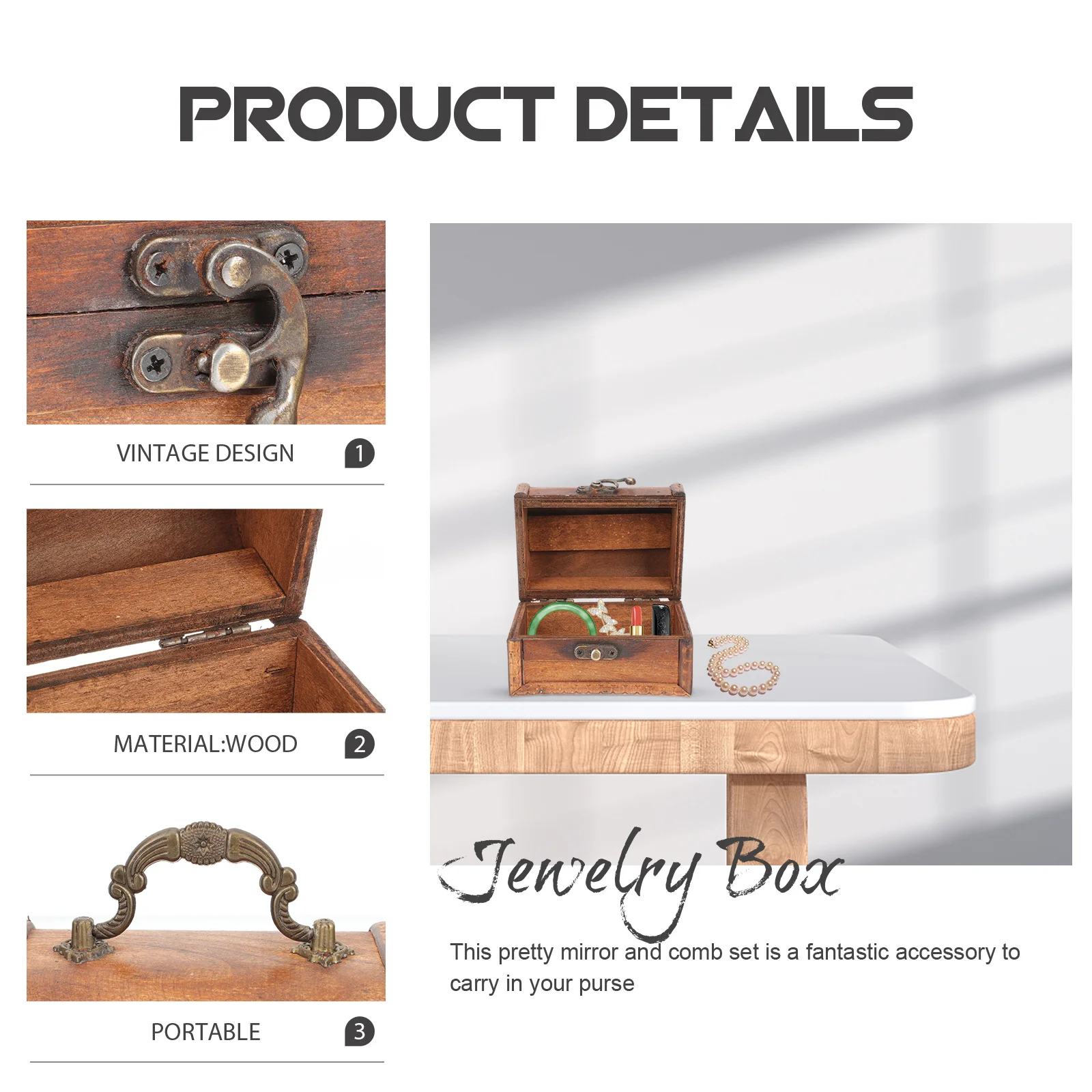 

Retro Wooden Jewelry Box Portable Vintage Jewelry Storage Organizer Case Large Capacity Trinket Storage Sundries Holder