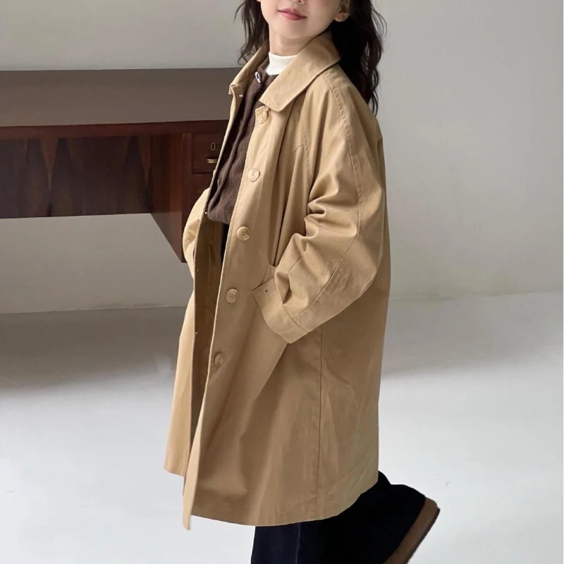 

Осень 2022, новый стиль, стильная однотонная ветровка средней длины в стиле ретро для девочек