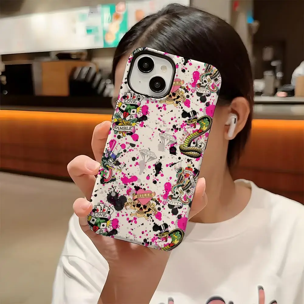 حافظة هاتف Ed Hardy من البولي كربونات الصلبة لهاتف آيفون 16 برو ماكس 16 15 14 Plus 13 12 11 غطاء عالي الدقة لامع اثنين في واحد