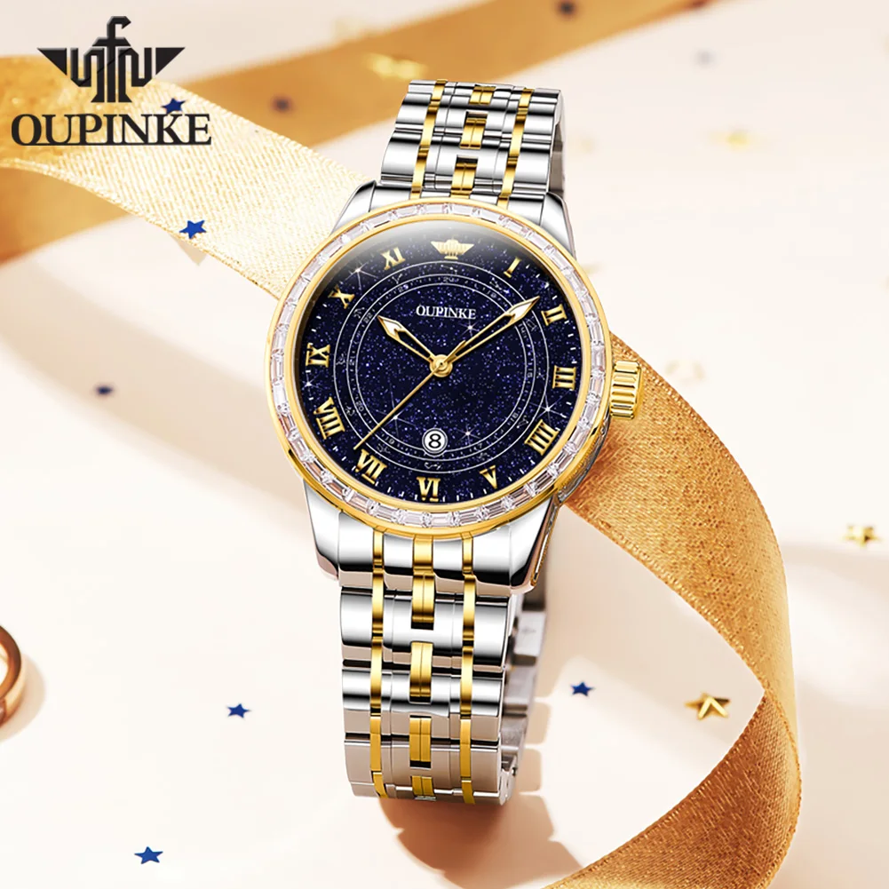 OUPINKE 3203 ساعة نسائية أصلية فاخرة ساعة ميكانيكية 50 متر مقاوم للماء عرض تقويم واحد ساعات للنساء صندوق هدايا