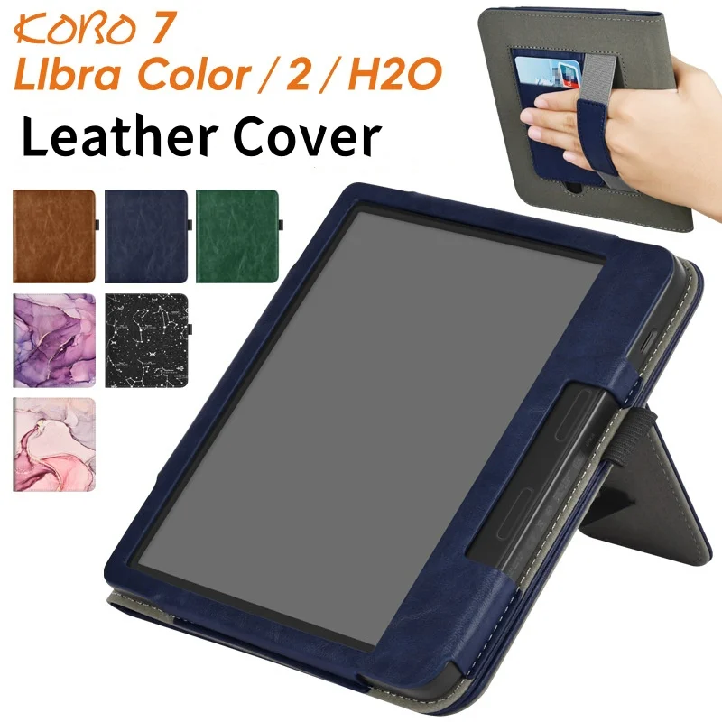 For KOBO Libra Colour/Libra 2/Libra H2O Case HandStrap Stand Card Slot 7 inch Smart Cover Ebook N428 N418 N873 Protective Shell