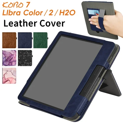 Imagen 1 del producto Para KOBO Libra Color/Libra 2/Libra H2O funda con correa de mano soporte ranura para tarjeta 7 pulgadas funda inteligente Ebook N428 N418 N873 carcasa protectora