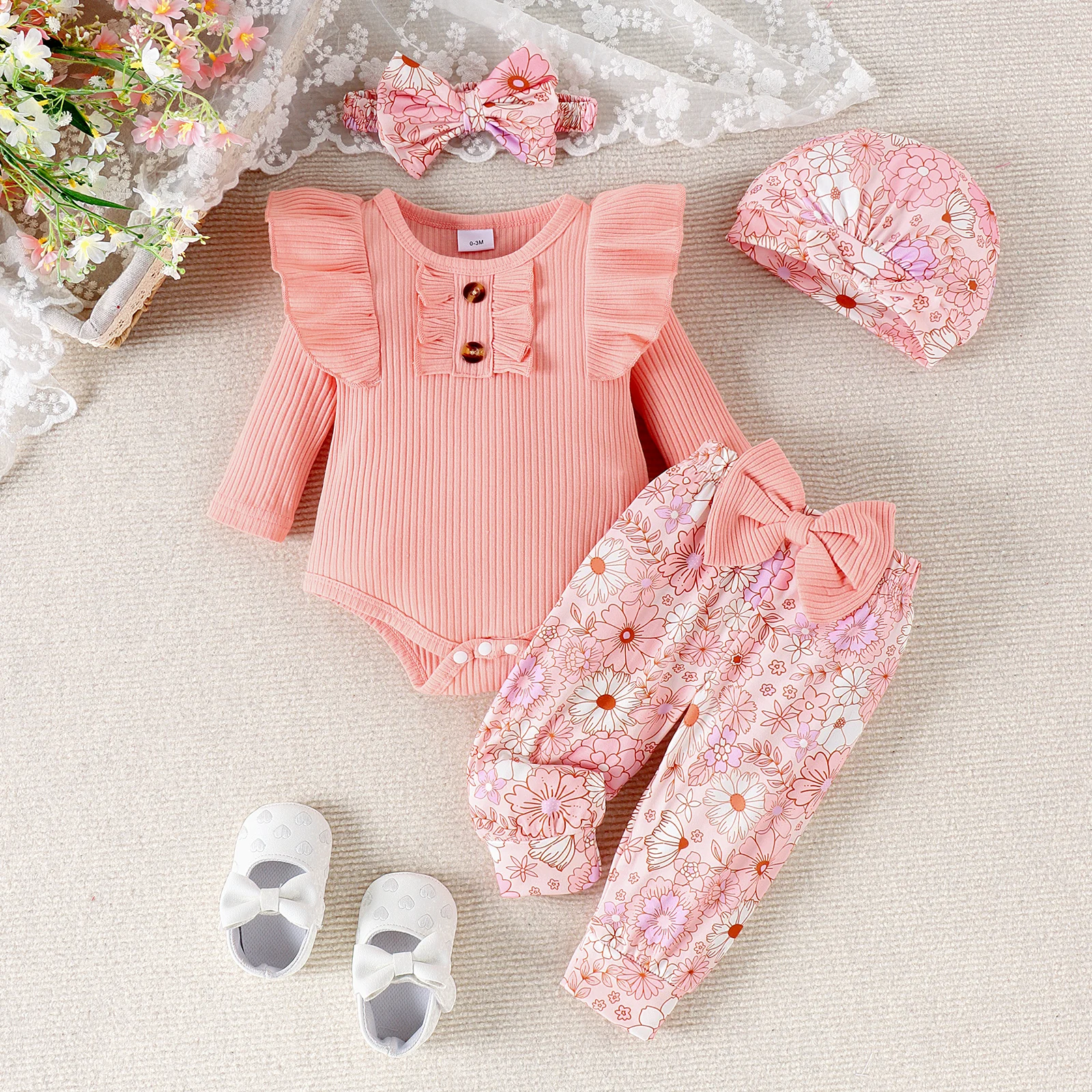 4PCS Autumn 0-1 Years Old Girls And Babies Casual Simple Round Neck Solid Color Long-Sleeved Clothes + Printed Trousers