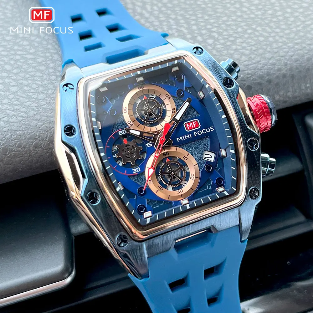 MINI FOCUS Blue Quartz Watch Men Fashion Military Sport Chronograph Wristwatch with Luminous Hands Auto Date Silicone Strap