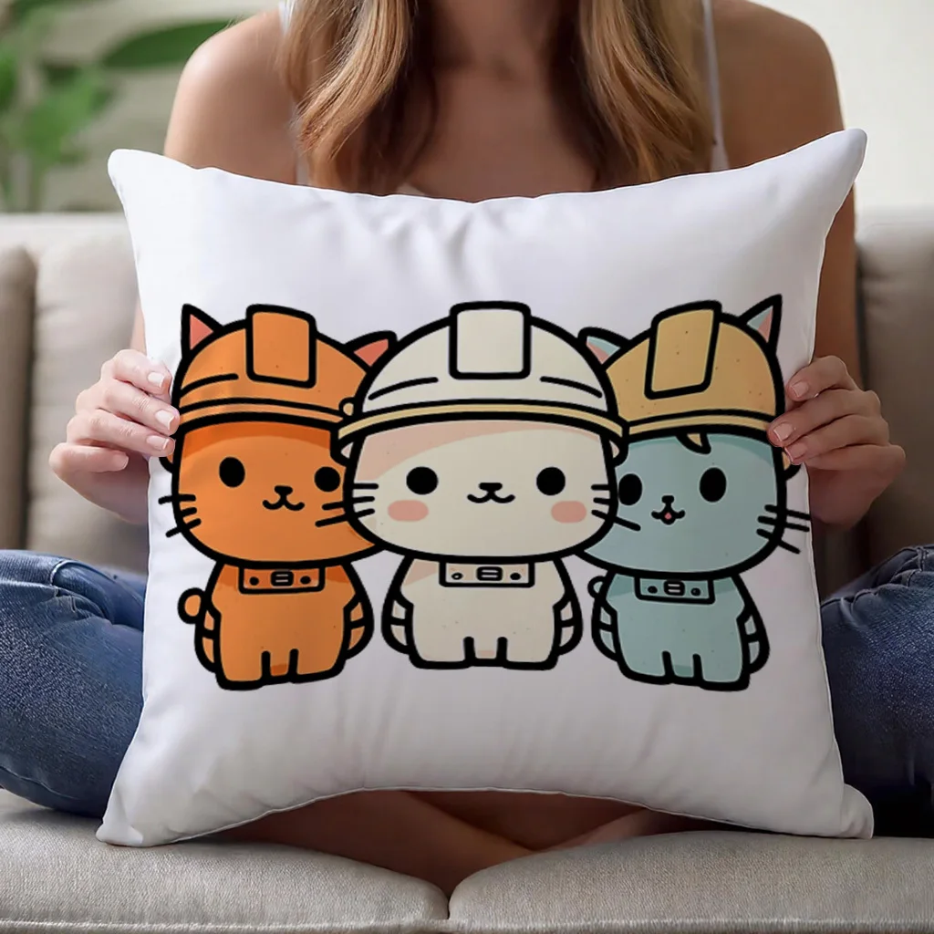 Worker Cat Hard Hat Pillow Cover Single Sided Polyester 18x18 Inch Zipper Washable Sofa Bed Decor