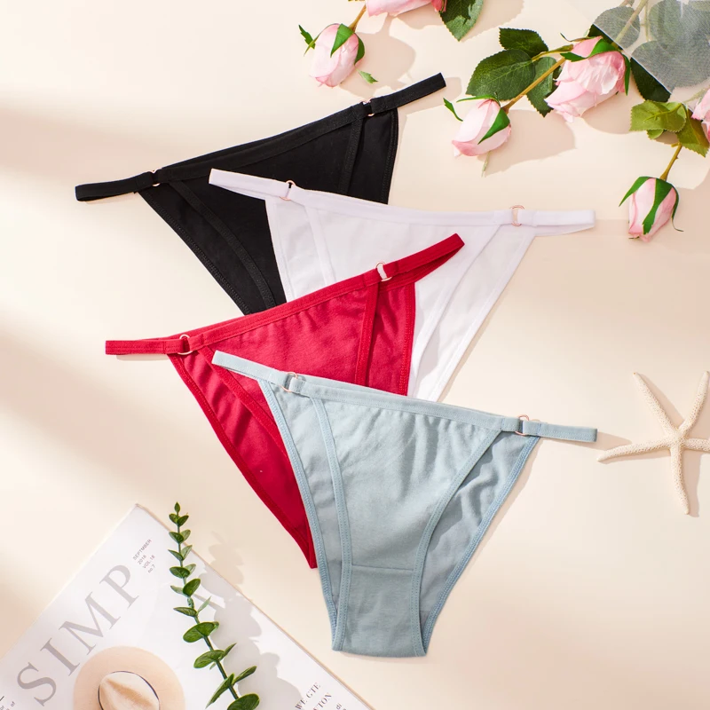 4pcs solid color cotton low waist sexy thong fashionable and hot bikini beach pool metal heart buckle thin waist belt breathable