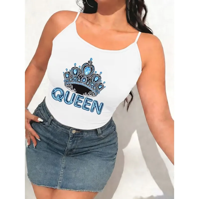 Women Spaghetti Strap Cami Tank Top Blue Crystal Crown Queen Letter Graphic Print Sleeveless Camisole Summer Casual Basic Tops