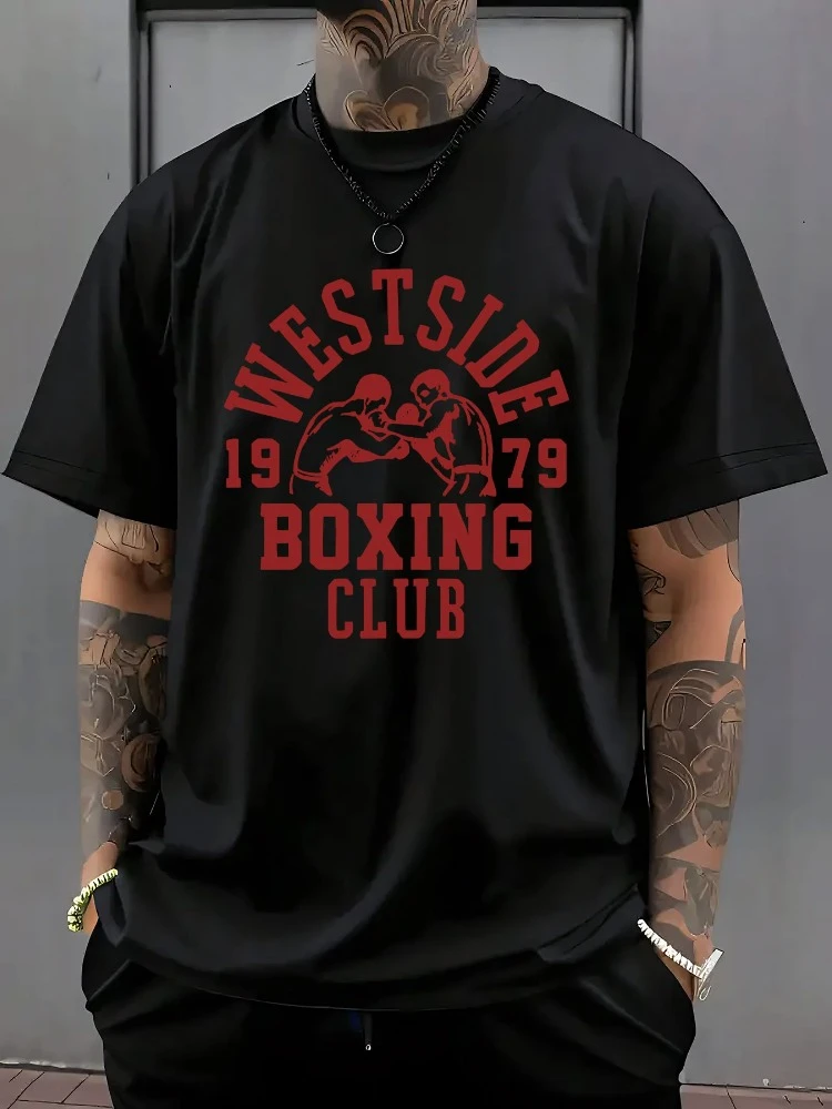 Westside Boxing Club Graphic with Boxing Design-100% cotton summer O-neck short sleeve casual printed men's T-shirt.